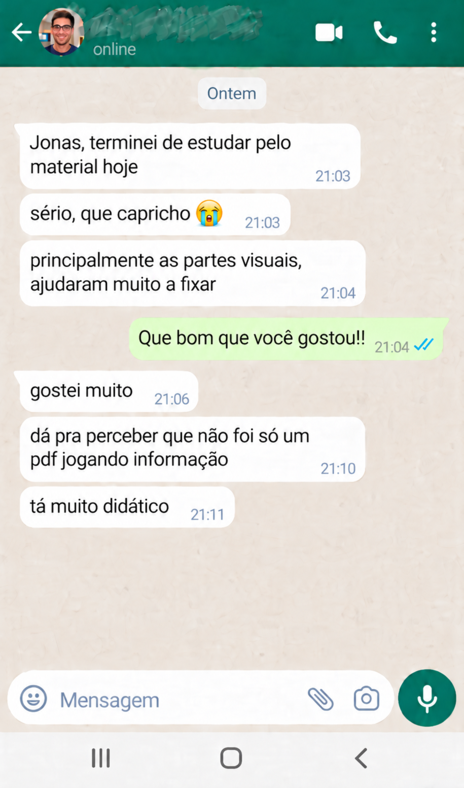 Feedback de aluno: as partes visuais ajudaram muito a fixar e o material é didático.